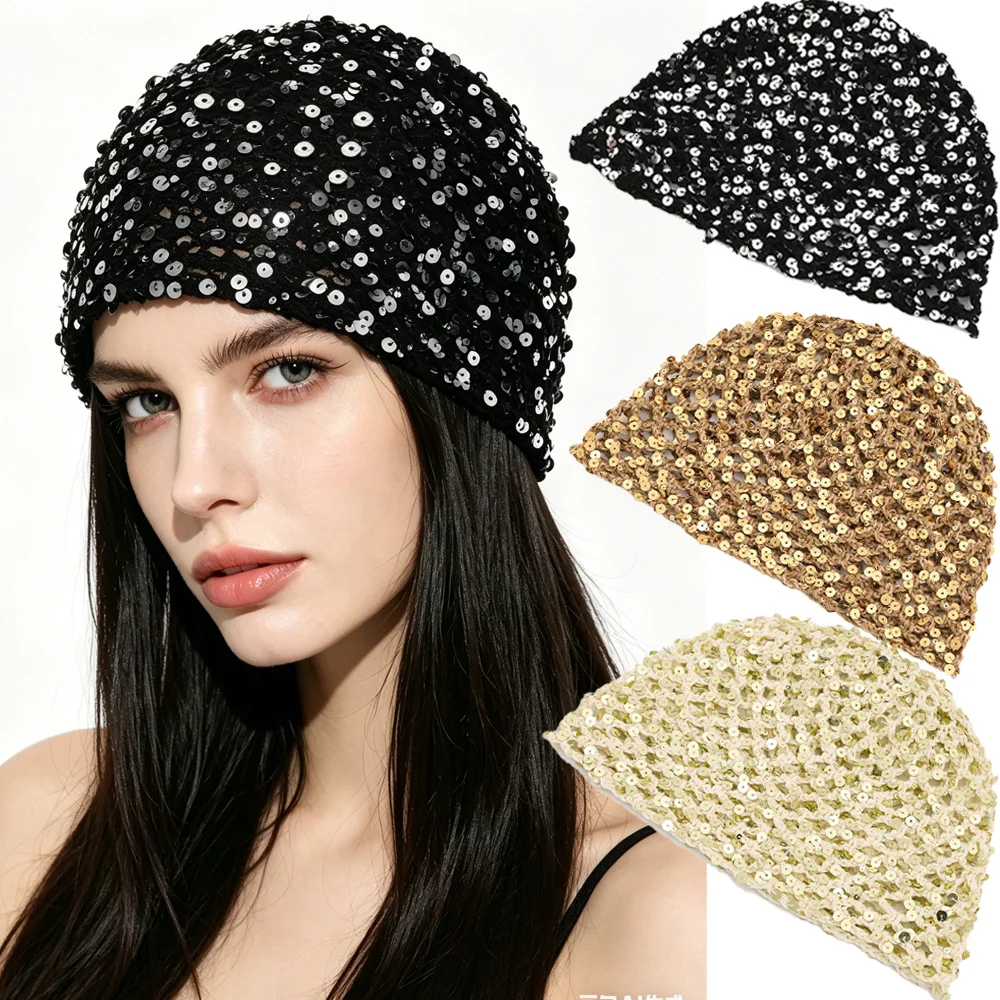Women's Sequin Hat Glitter Mesh Knit Headscarf Flash Sequin Headpiece Suitable for Parties Carnivals Festivals Nightclubs Discos