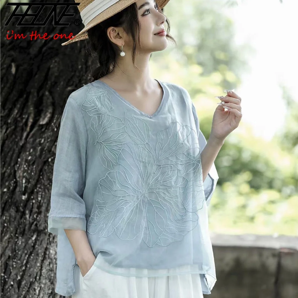 Women\'s Clothing Shirts Blouse Summer Cotton Linen Blusa Mujer Embroidery V-Neck Solid Vintage Casual Camisas Loose