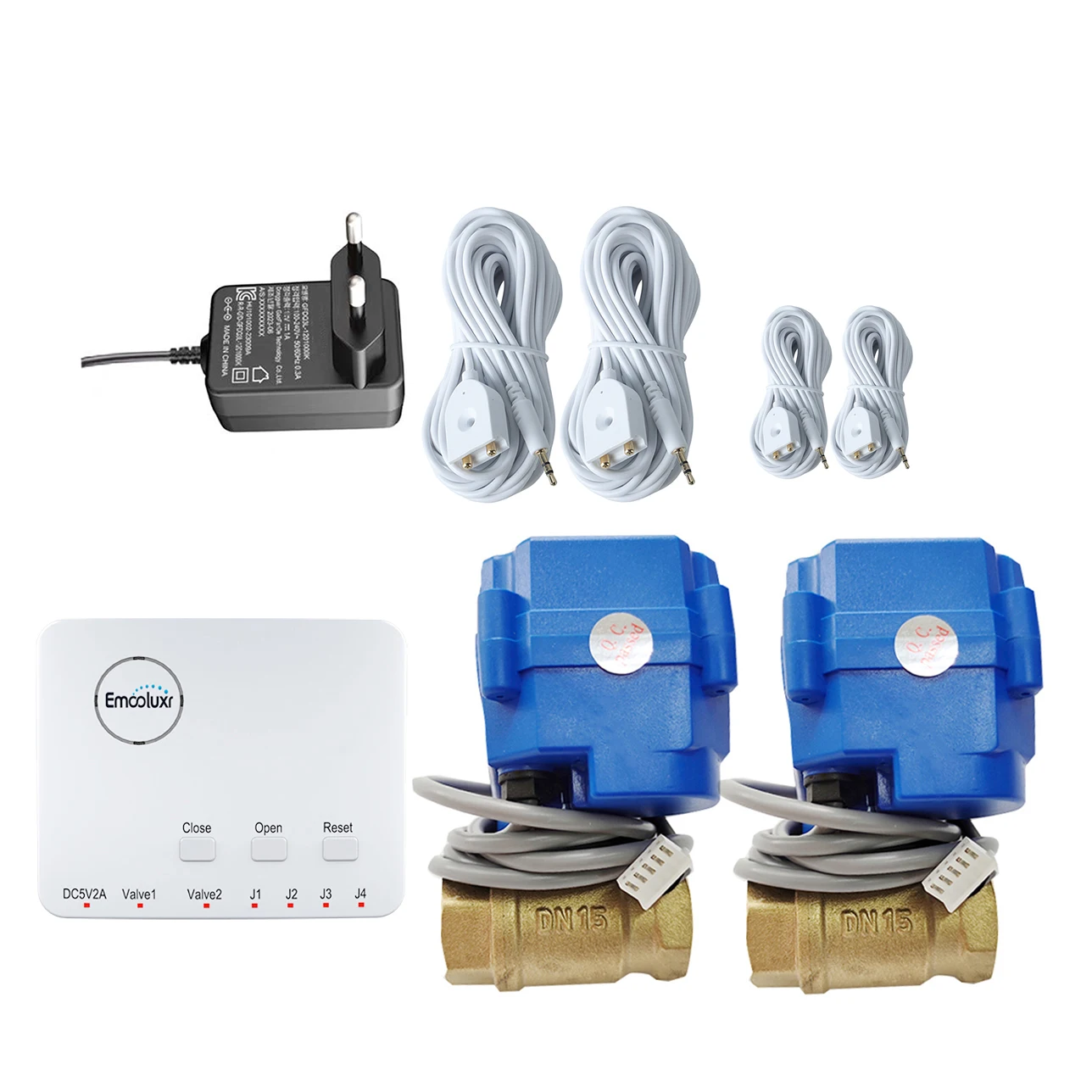 Батарейки для сигнализации утечки воды с вилкой европейского стандарта, 2 клапанами 1/2 дюйма, 3/4 дюйма, 1 дюйм и 4 датчиками воды (2 шт., 2 м, 6 м) для утечки