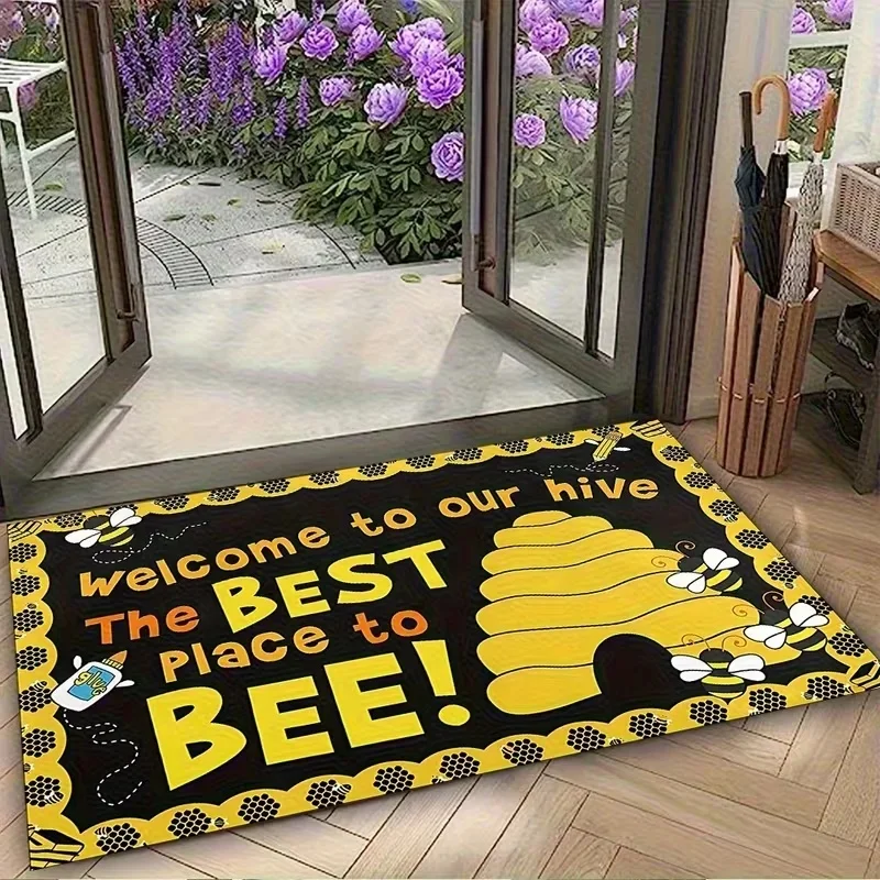 VIKAMA Vintage Bee Sunflower Doormat Wooden Grain Hello Print Water Absorbent Non Slip Entrance Welcome Floor Rug