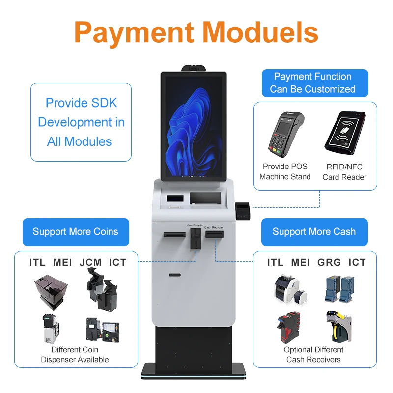 Crtly 32'' Self Service Cash Solution Currency Exchange Touch Screen Payment Kiosk Machine with Passport Scanner Card Dispenser