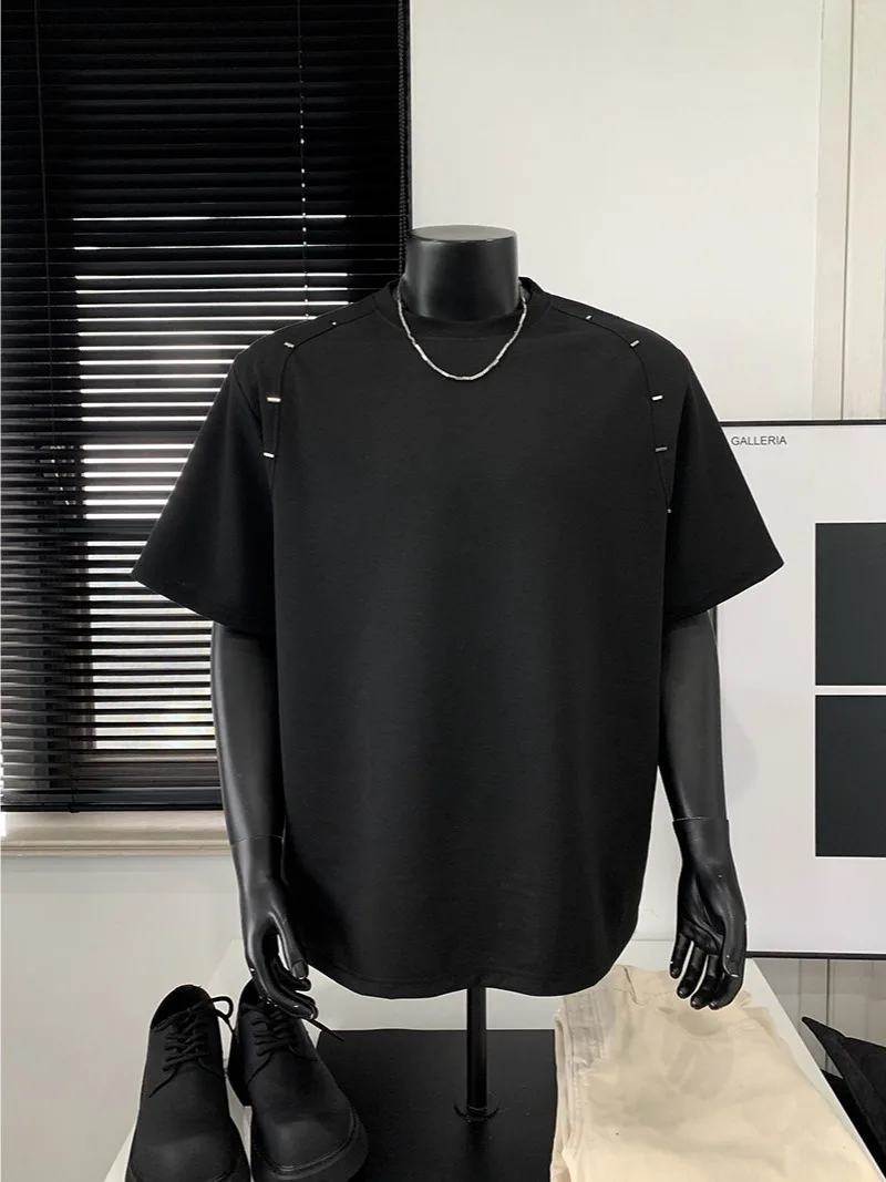 Heavyweight Shoulder Pad round Neck Short Sleeve T-Shirt Men's Summer American Metal Design Cleanfit Half Sleeve Drop Shoulde...