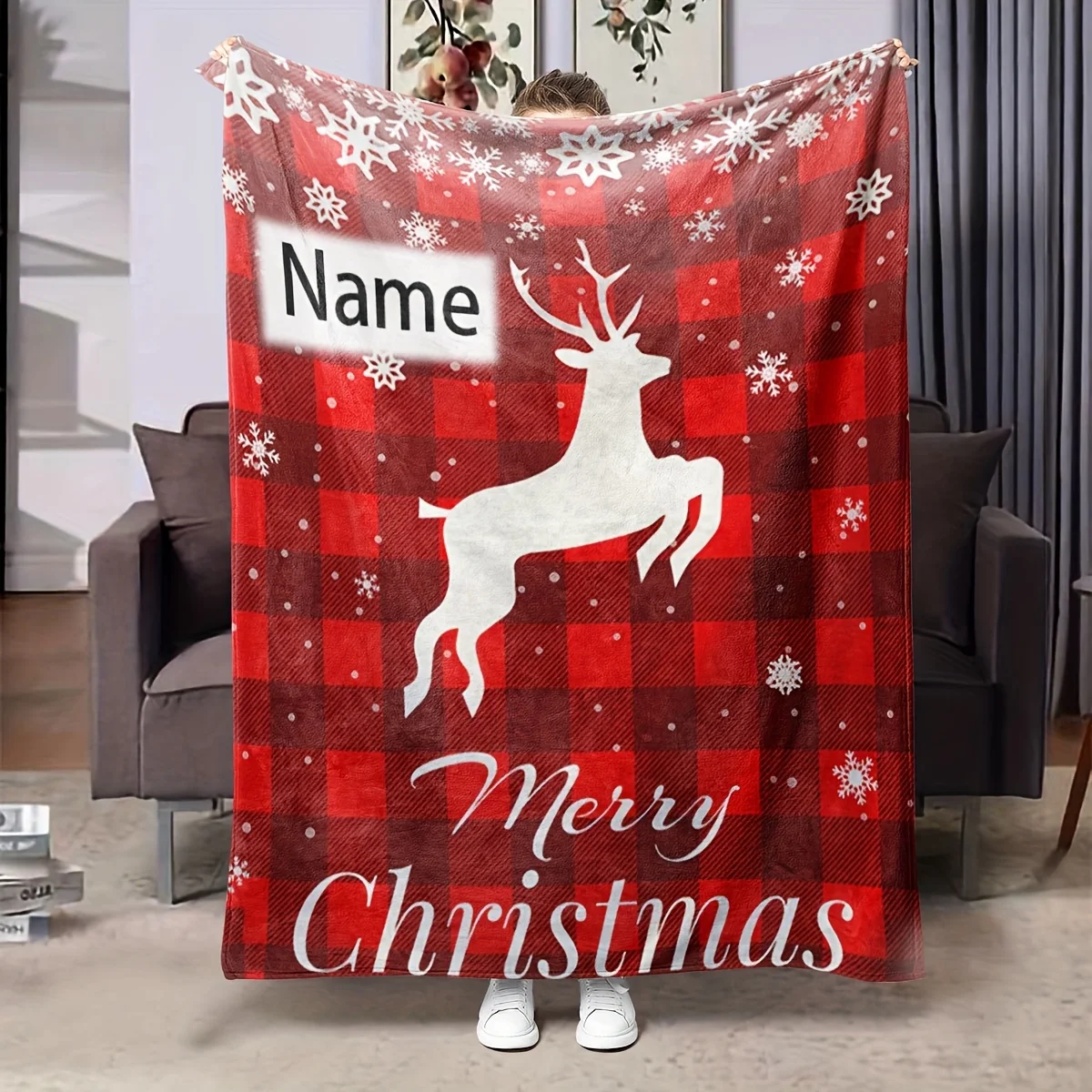 1pc customizable name flannel Christmas black elk gift blanket, blanket with personal name printed, soft woven all season blanke