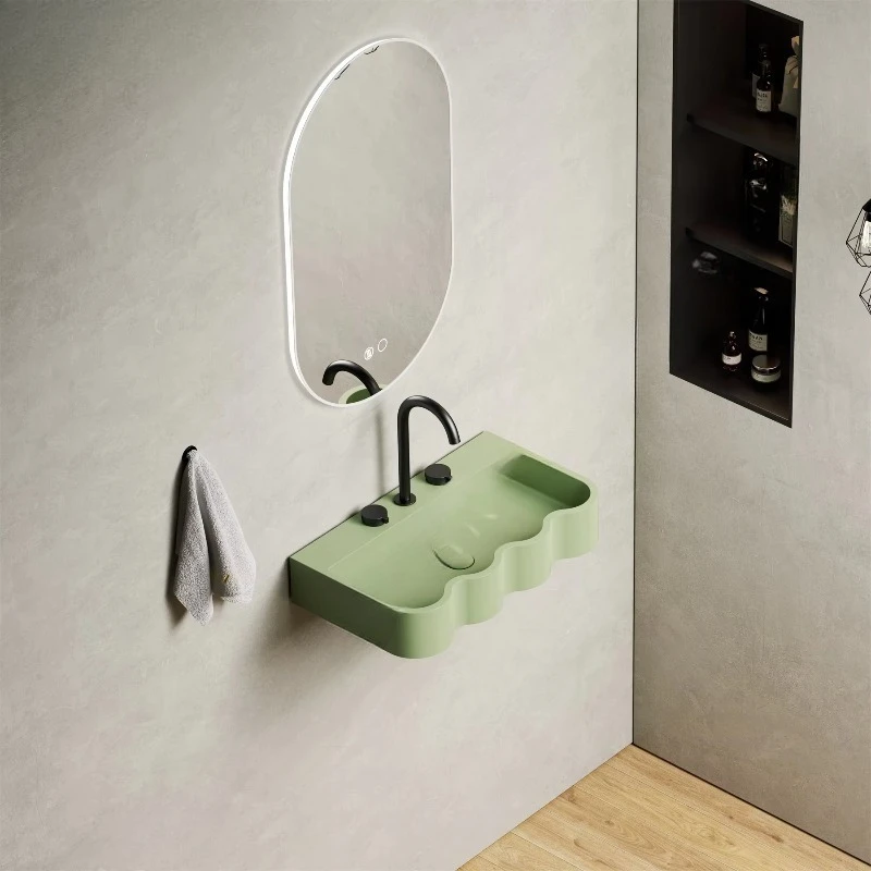 Latest design custom color green pleated wall-mounted wavy bathroom artificial stone washbasin bathroom sink