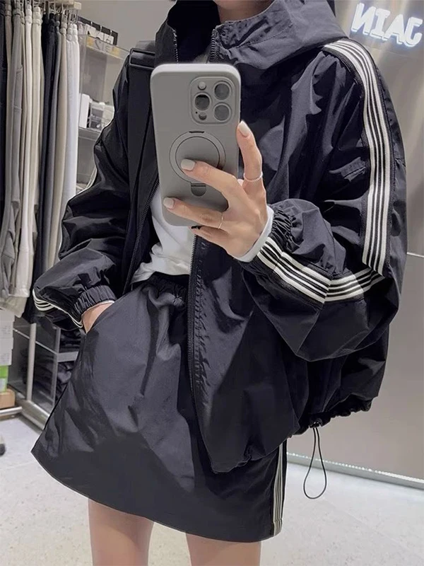 

plus Size Summer Thin Hooded Sun Protection Loose Outerwear Women's Slimming Short Skirt Anti-Aging Set Casual High Waist