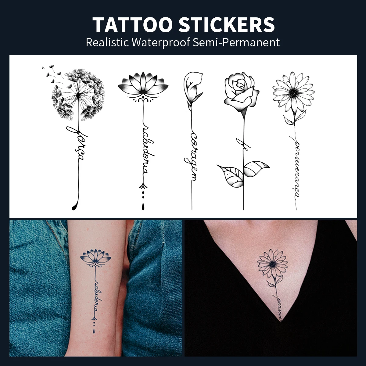 

1PC Dandelion flower Temporary Tattoos For Women Personality Realistic Fake Tattoo Stickers Body Tatoos Party Beach Decoration