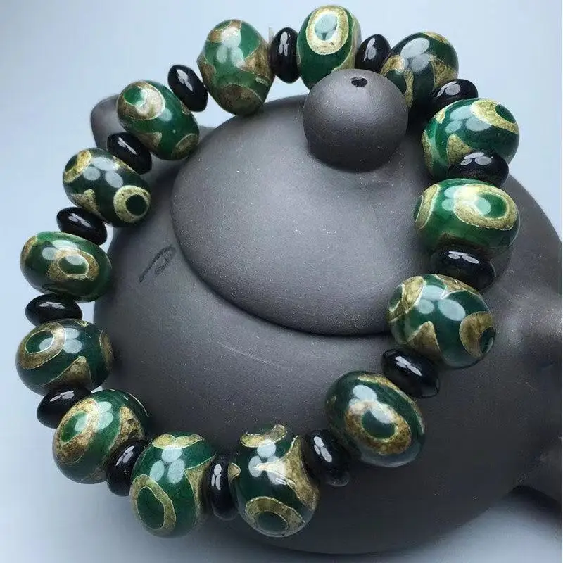 Tibetan Green Agate Three Eye Dzi Bead Bracelet Abacus Beads Lucky Charm