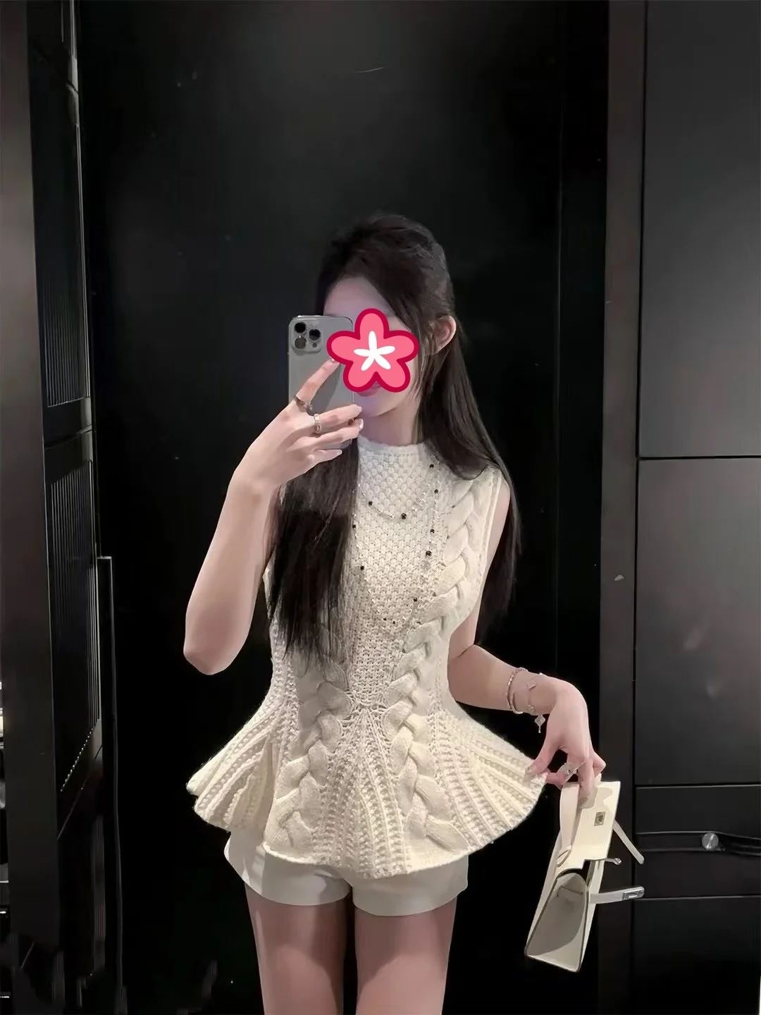 韓国風レディース春ファッションアイリスダブルカラースリーブレスセーター2025新作スリムフィット通勤スタイル無地