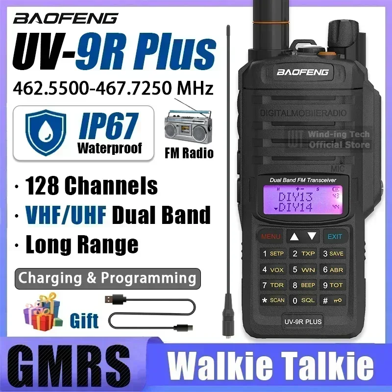 Baofeng UV-9R Plus GMRS Radio IP67 UHF/VHF 31-54CH DIY Repeater 462.5500-467.7250MHz Long Range USB-C 128CH NOAA UV-9G Ham Radio