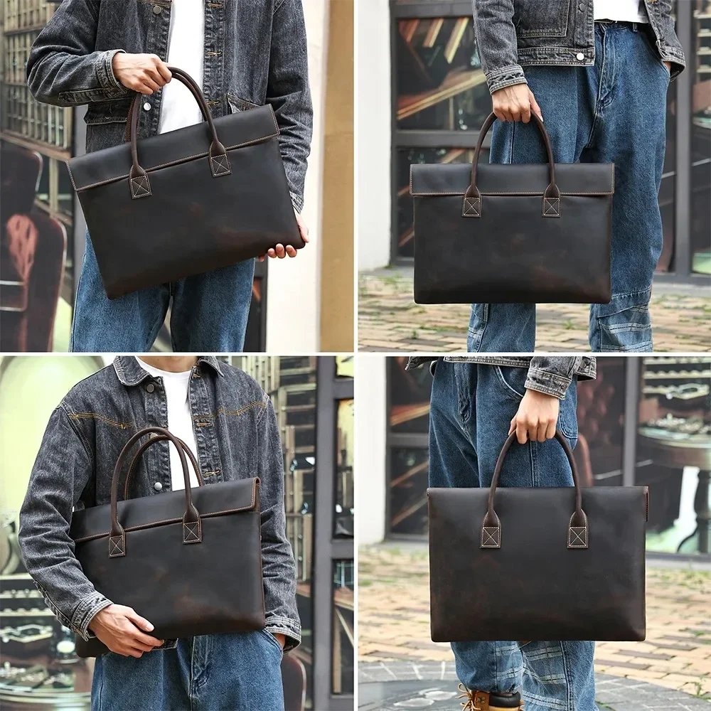 Genuine Leathe 14\'\'15.6\'\' Laptop Office Bag  High Quality A4 Brown Genuine Crazy Horse Leather Executive Men Briefcase Portfolio