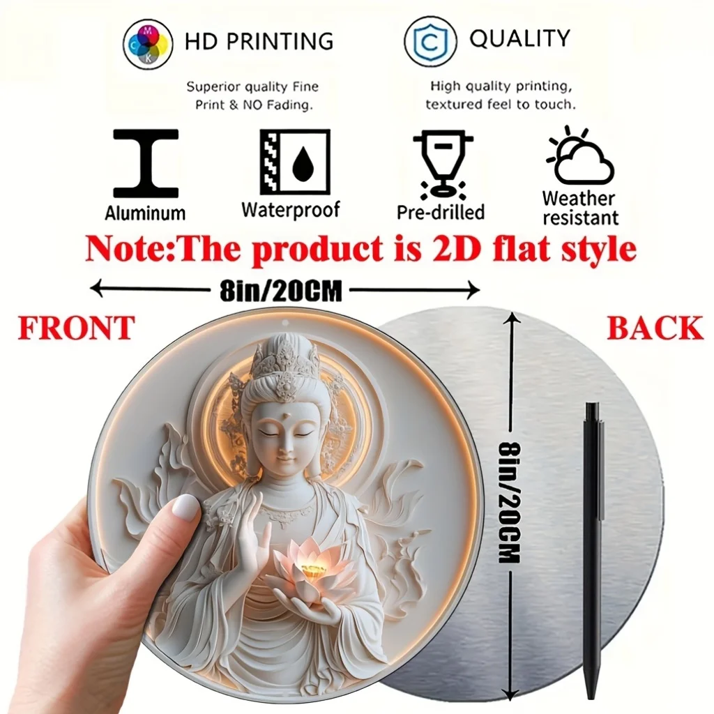 2D Flat - 8x8 Inch Round Aluminum Wall Art - Buddha with for Lotus Flower Design, High-Definition Vintage Decor for Home, Office