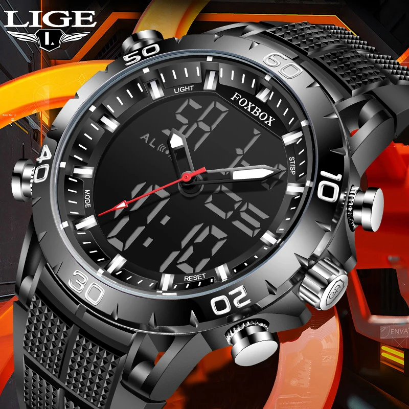 

LIGE New Man Sports Watches Fashion Dual Display Quartz Wrist Watch For Men Waterproof Digital Alarm Clock Military Wristwatch