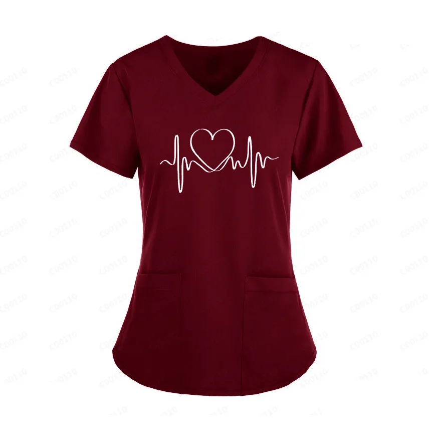 XUANSHOW Working Uniform Nurses Style Love Graphics Print Shirt V-neck Large Pocket Short-sleeved T-shirt Women's