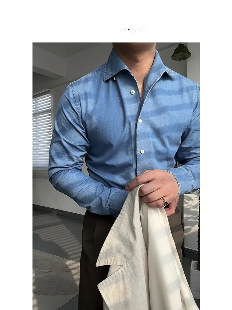 

Blue Long Sve Slim Fit Denim irt Casual Busin Leisure Italian Sle Single Collar Youth Faion Urban Cotton irt