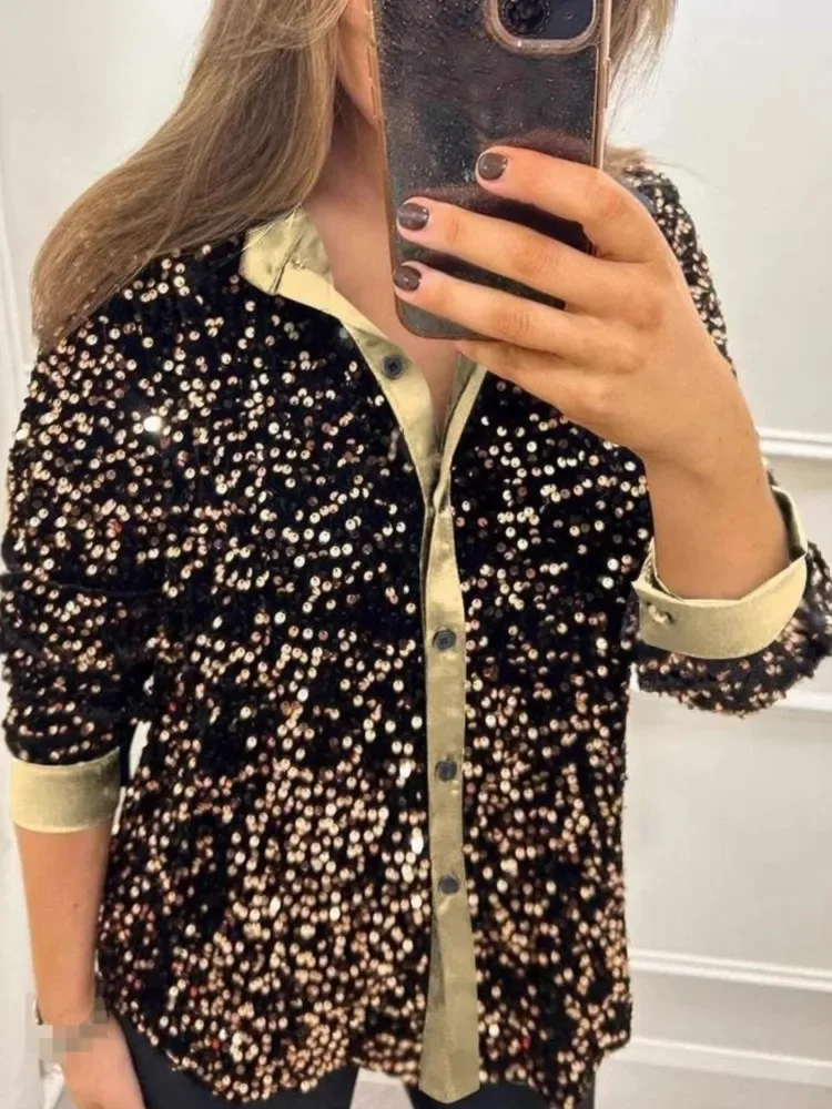 

Autumn Winter Glitter Fashion Office Women Elegant Blouse Spring Single Breasted Lapel Shirt Long Sleeve Party Feminine Shirts