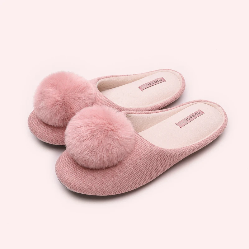 Bebealy Indoor Women Summer Shoes Cute Hairball Home Flat Slippers Soft Fashion Women Slippers Antiskid Flat Slippers For Women