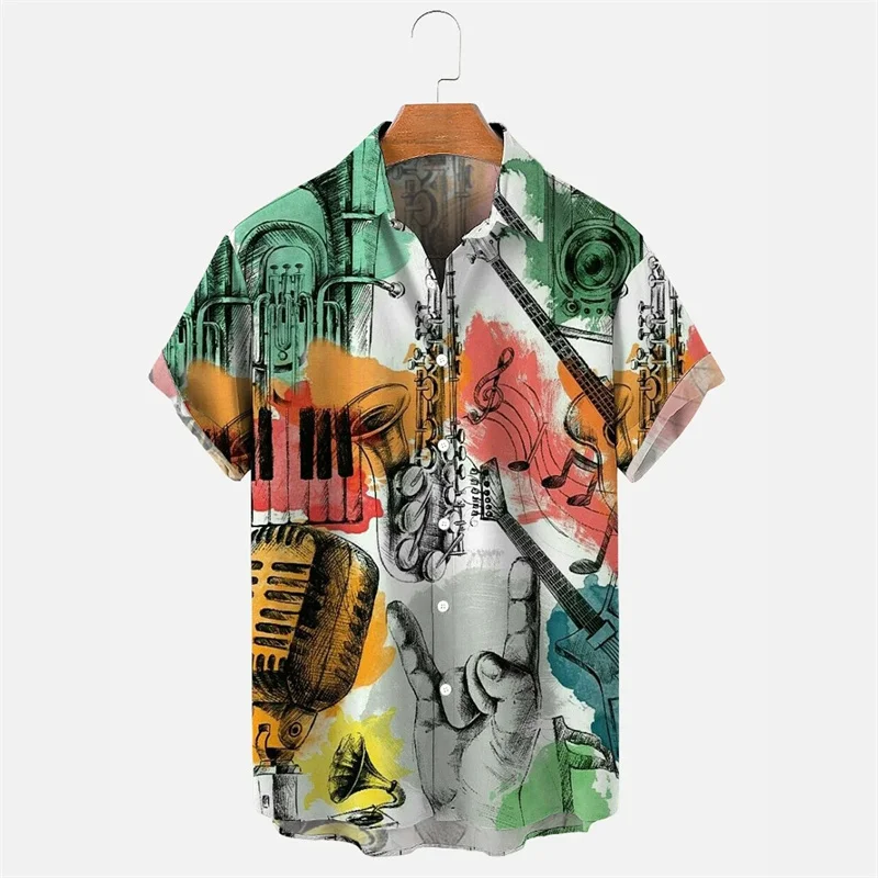 3D Printed Vintage Music Hawalian Shirt Men Rocker Guitar Pattern Aloha Shirts Fashion Button Lapel Tops Short Sleeve Blouses