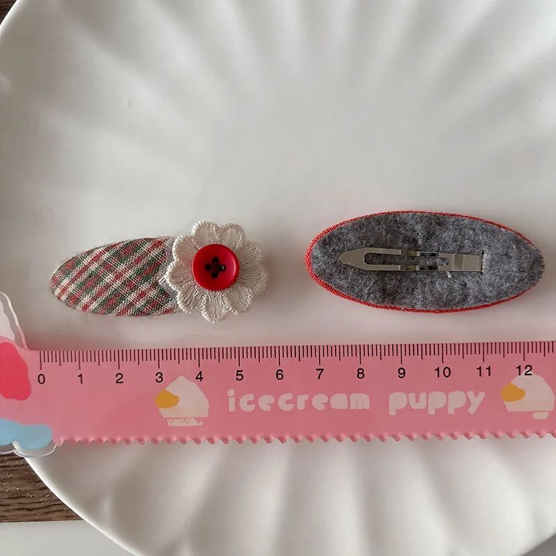 New Korean Hair Clips for Girls Plaid Embroidery Oval BB Clips Early Autumn Fringe Clips with Bowknot Hairpins