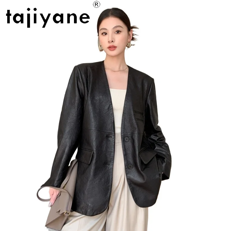 TAJIYANE 100% Sheepskin Blazer Trench Coat Women Retro Crinkled Mid‑Length V‑Neck Coat Genuine Leather Jacket Woman Clothes 2026
