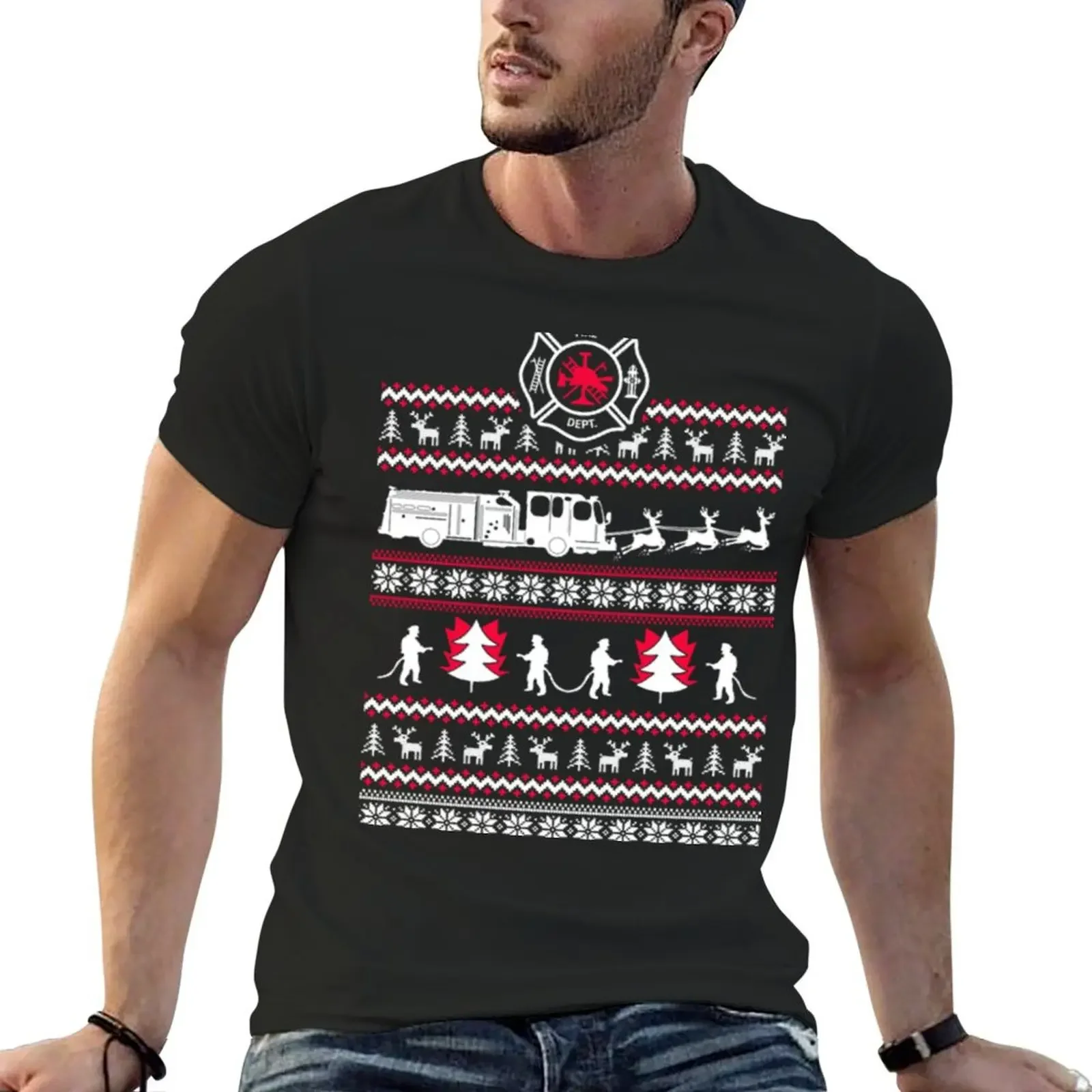 Merry Firefighter Ugly Christmas Sweater Funny Tshirt T-Shirt rapper graphic tees cute tops men workout shirt