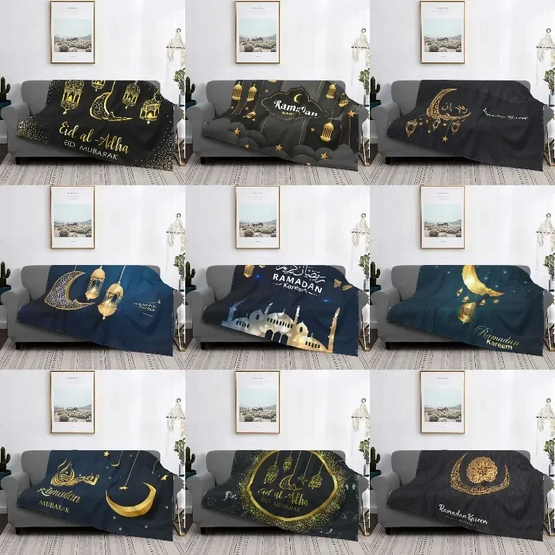 3D Printed Eid Al Adha Blankets Breathable Soft Flannel Autumn Kareem Ramadan Mubarak Throw Blanket for Couch Travel Bedding