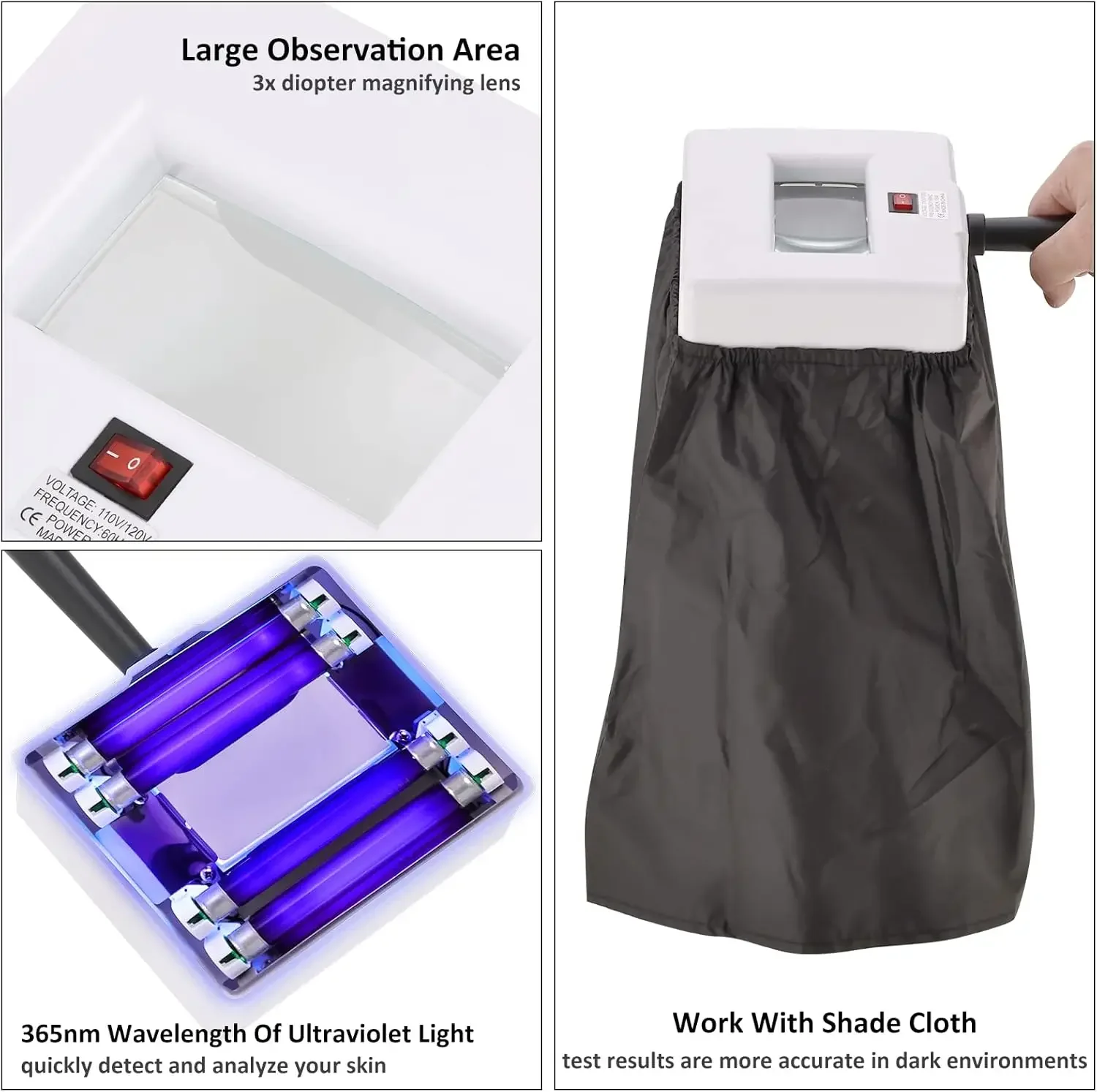 Analisador de pele facial com luz uv, com sombra, lâmpada de madeiras, analisador de pele para pele, detector facial para uso doméstico, salão de beleza