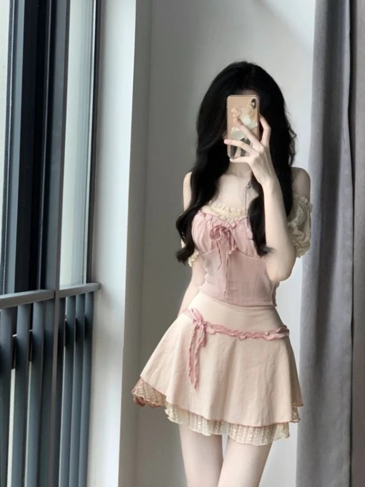 

Lace Fungus Square Collar Short Sleeved T-shirt Top for Women+ Y2k High Waist Sweet A-line Skirts Two Piece Sets Summer New