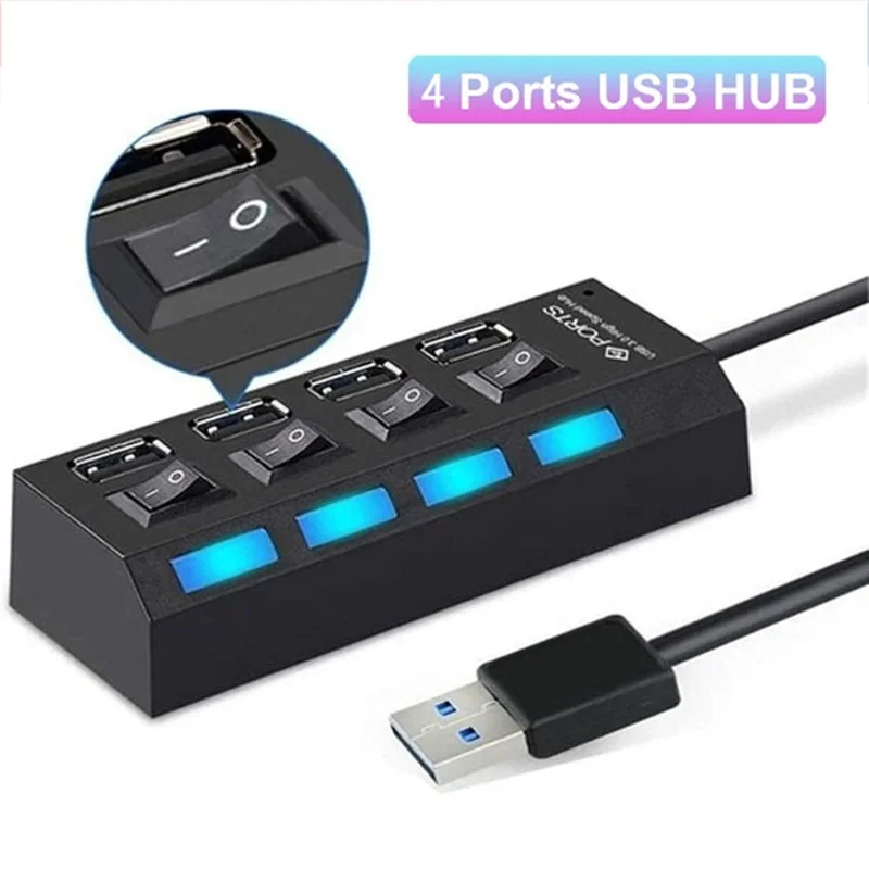 USB 2.0 Hub 4 Port Splitter Power Adapter With ON/OFF LED Switch Multiple Expander HUB For PC Laptop MacBook Desktop Accessories