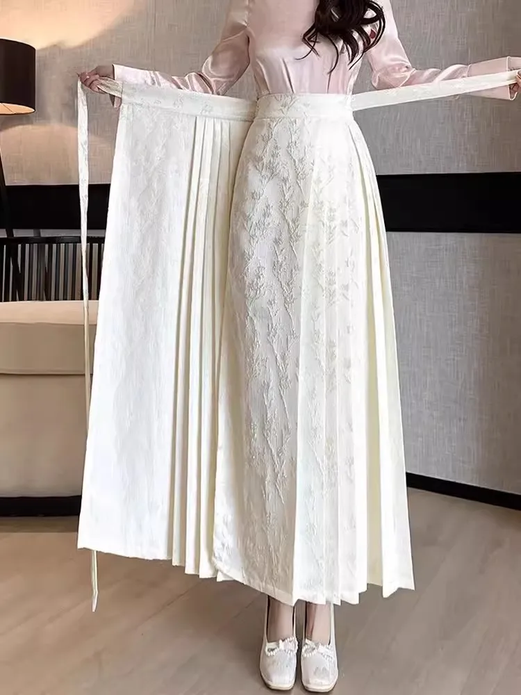 New Chinese Style Women High Waist Pleated Skirt Vintage Design Lace Up Solid Color A-Line Long Skirts Elegant Lady Casual Skirt