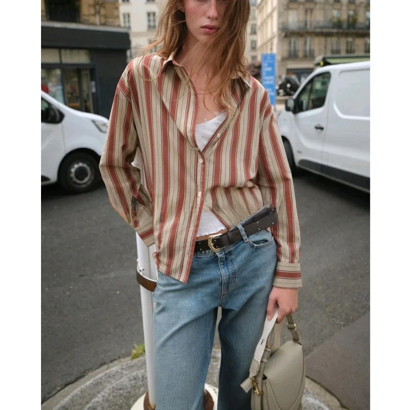 

Autumn New Loose Women's irt Long Sve Striped Casual Sle Polyester Fabric Breathable Comfortable Women's Top