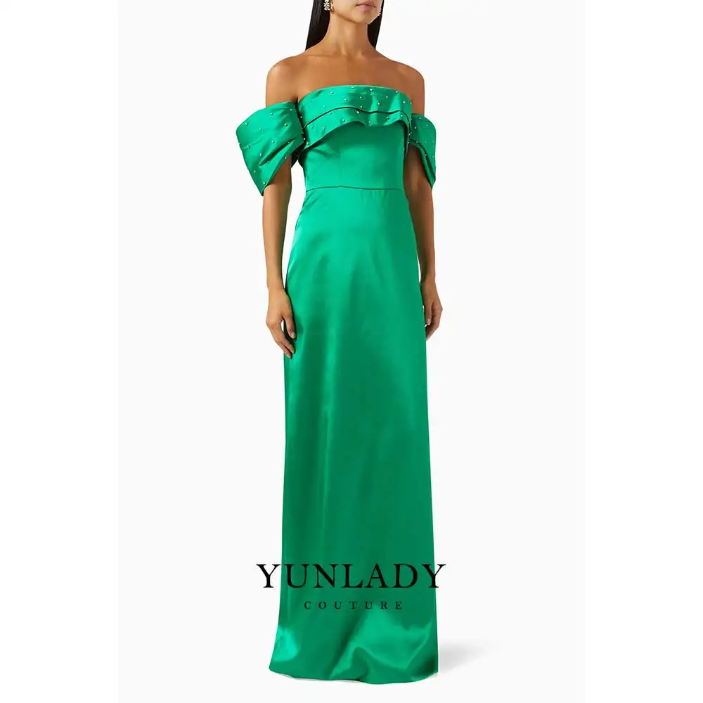 

YUNLAN Green Satin Evening Dress Customized Strapless Beading Dubai Party Gown Maxi Prom Dresses Wedding Guest Party Dresses