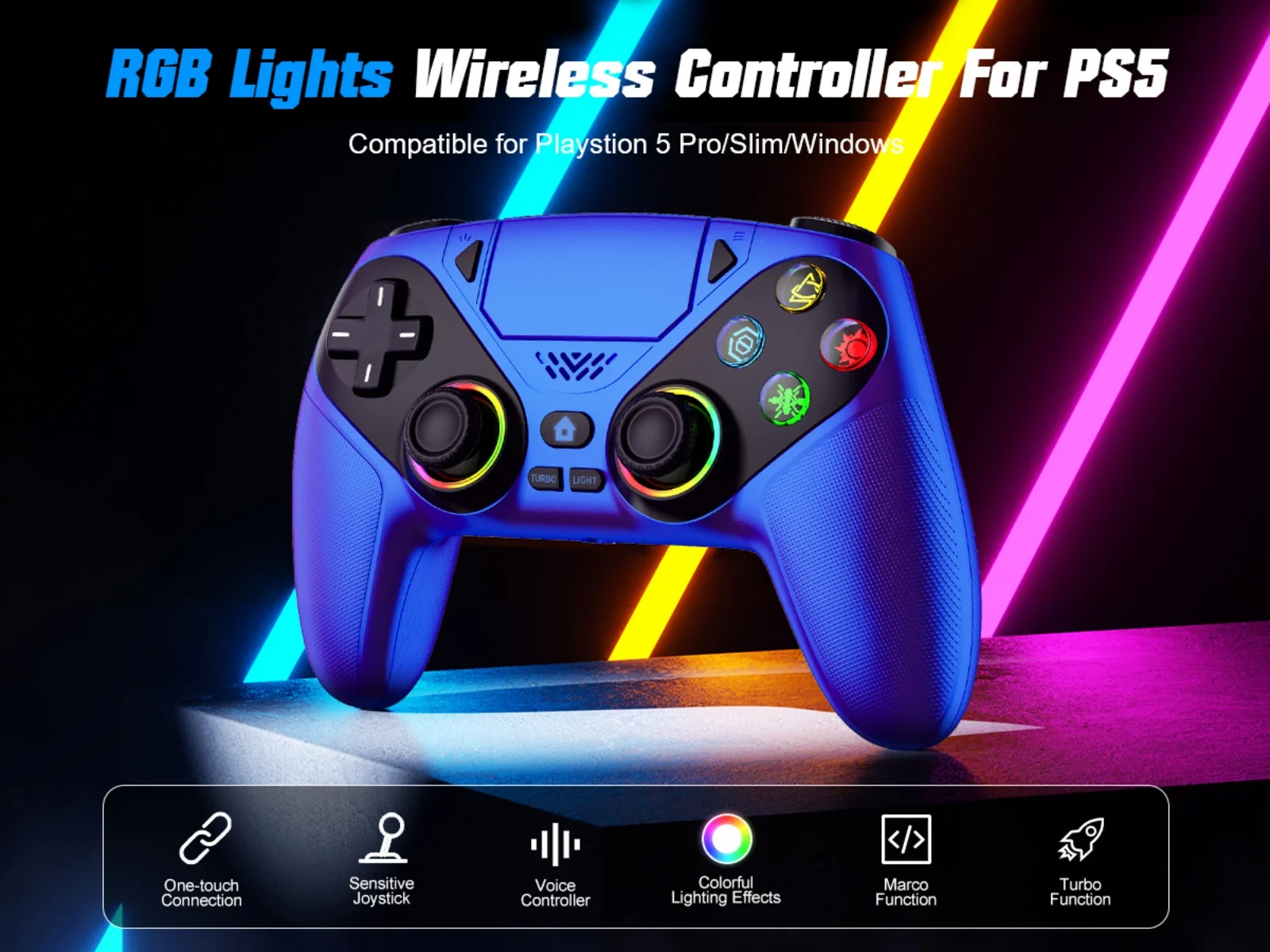 Controller für PS5/PlayStation 5 Pro/Slim/PC, kabellose Gamepads, RGB-Hall-Effekt, kein Drift, Spiel-Joystick mit Dual-Vibration, Marco/Turbo-Funktion – Detail 12