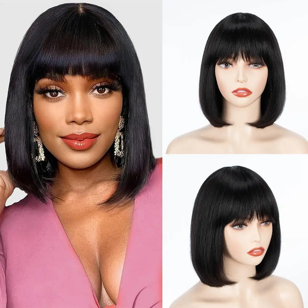 

European and American Women's Black Bangs Short Straight Bob Synthetic Fiber Wig Cap Daily wear