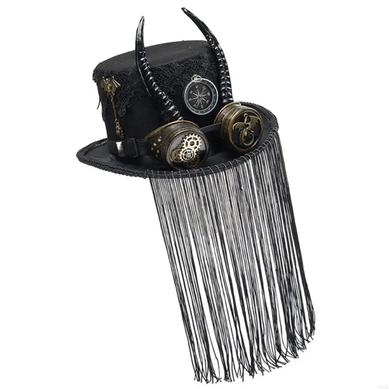 Steampunks Goggle Mit Fransen Dekoration Ziege Horn Kappe Top Cap Kopfbedeckung Für Cosplay Outdoor Event Y08E – Detail 5