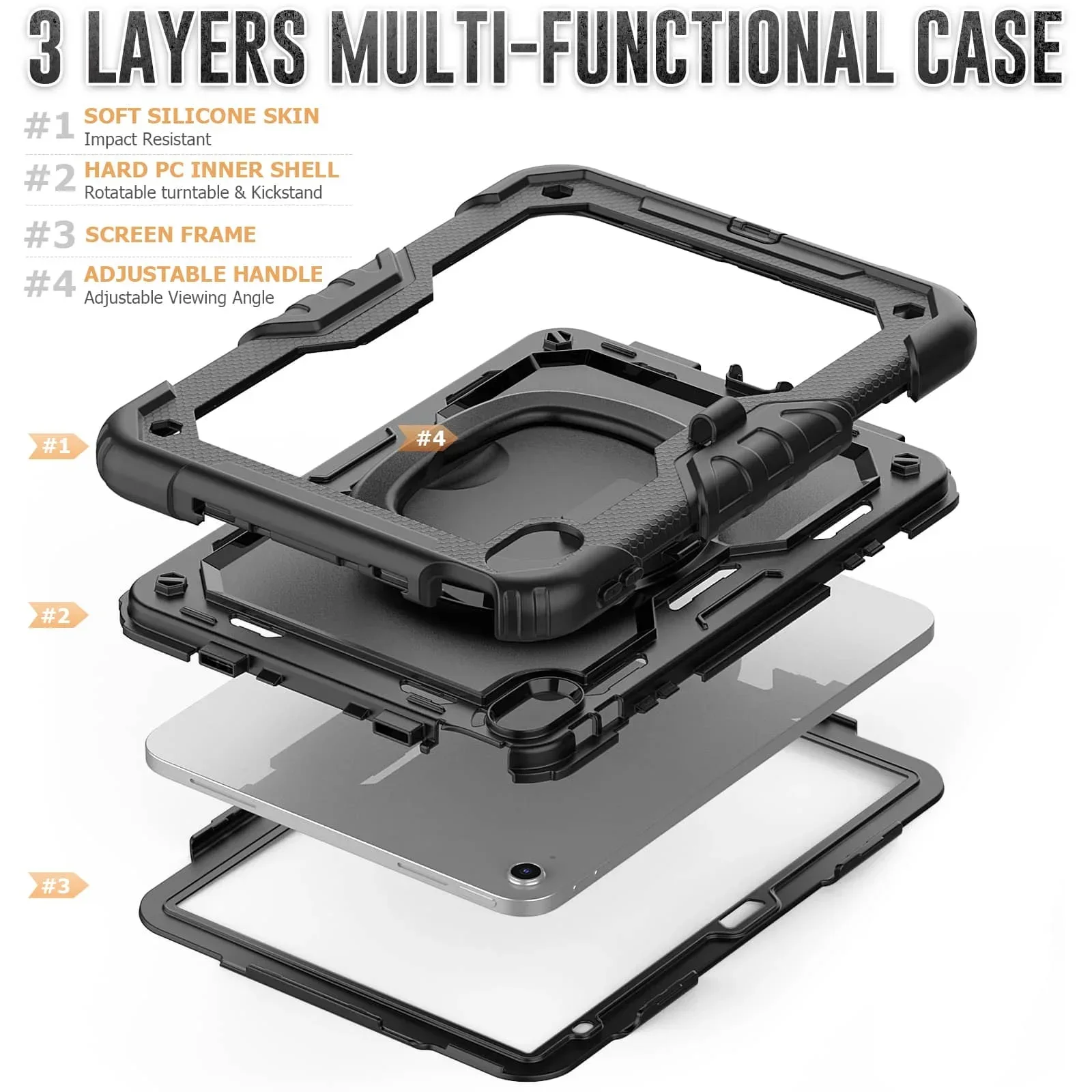 for iPad 10th 10.9 2022, Military Grade Shockproof Protective Silicone Cover 360 Folding Handle Grip + Handle Shoulder Strap