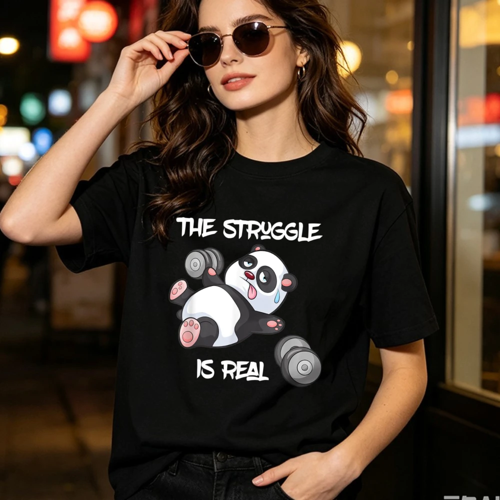 The Struggle Is Real Panda Sweat Graphic Tee Cute Gym Tee Funny Gym Dumbell Humor Men Women Cotton Fashion Tops Streetwear Shirt