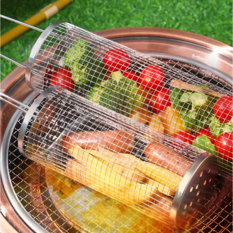 Portable Stainless Steel Barbecue Cages Grill Basket Camping Picnic Cookware Outdoor Round BBQ Campfire Grid Rolling Grill Baske