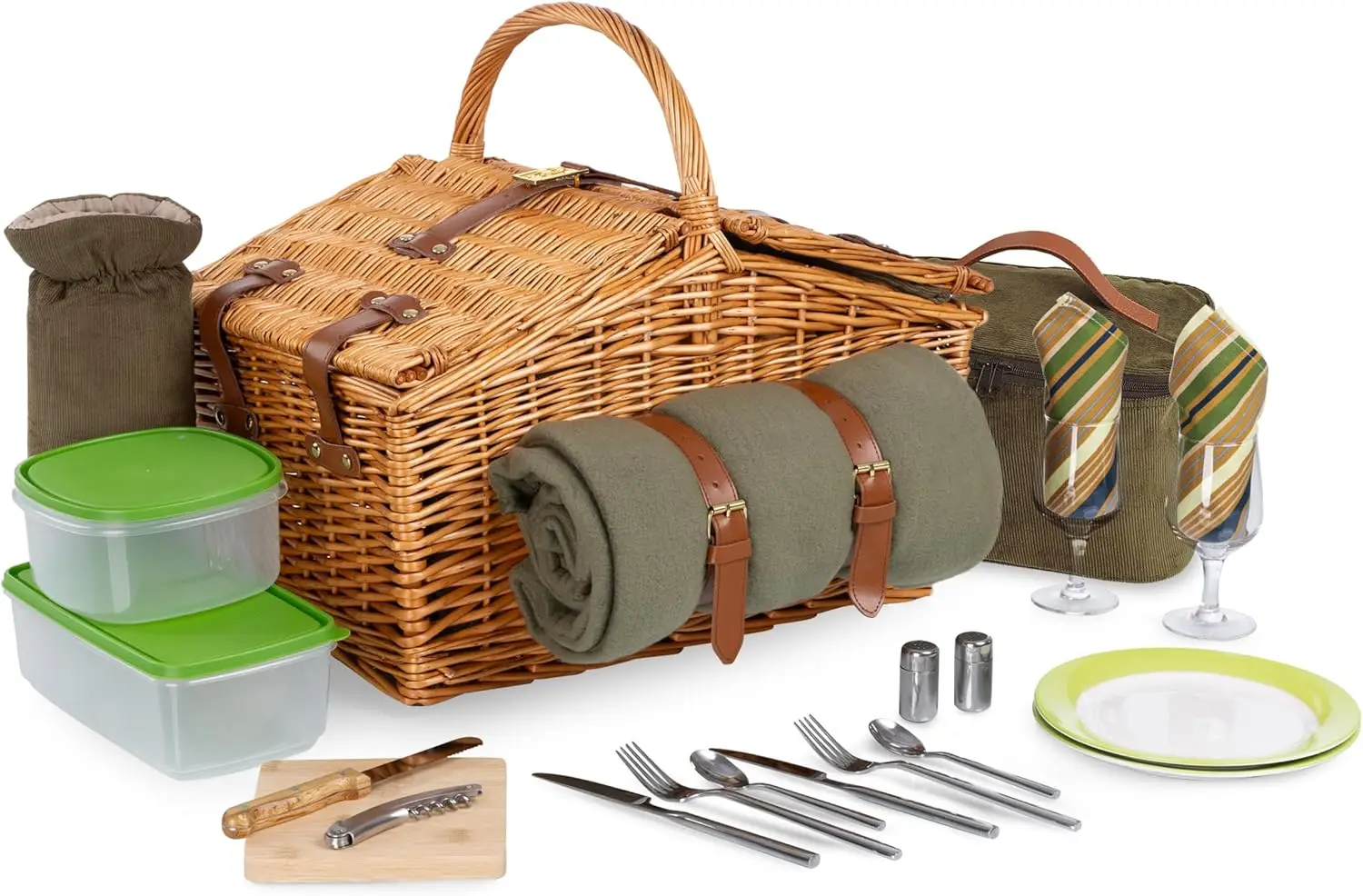 

Deluxe Wicker Picnic Basket for Two with Blanket, Double-Lid Opening, Leatherette Straps, Sage Green