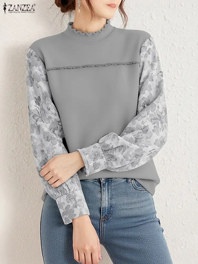 بلوزة مكتب خريف 2025 من ZANZEA قميص عمل أنيق للسيدات بأكمام طويلة بلوزات مطبوعة بالزهور ورقبة واقفة بلوزات نسائية