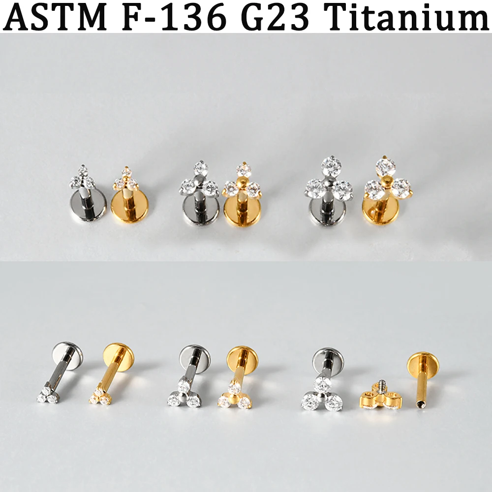 5-1PCS F-136 Implant Titanium Different Size Triple Zirconia Labret Lip 16G Internal Thread Cartilage Helix Lobe Conch Earring