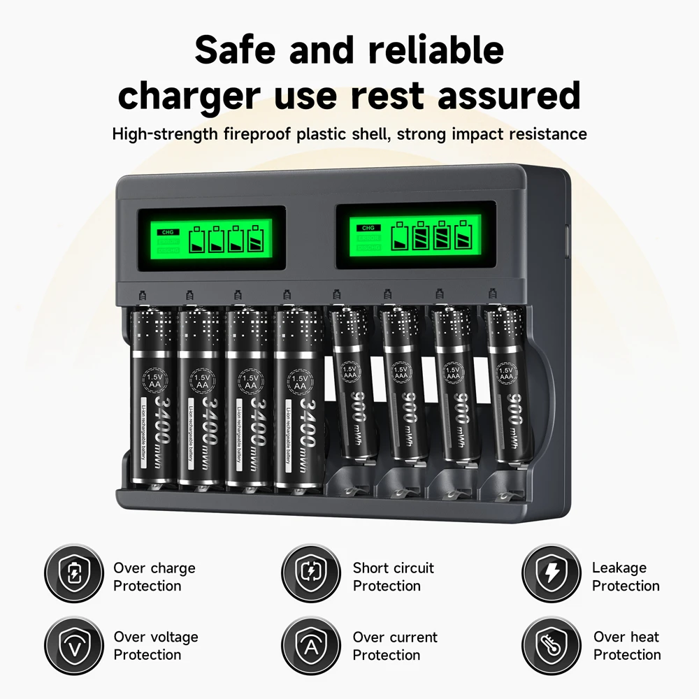 New 1.5V AA AAA Lithium Battery Charger 4/8 Slots LCD Fast Charger with Charging Cable for Rechargeable Li-ion AA AAA Batteries