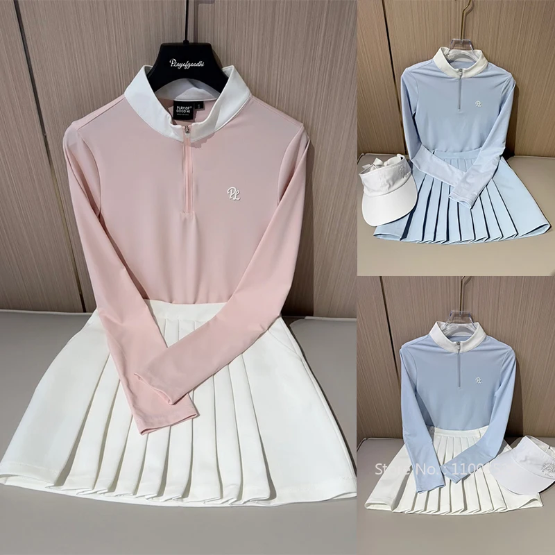 

PL 2025 Spring Autumn Golf Shirts Women's Long-sleeved Sports Top Zipper Collar Elastic T-Shirt Lady High Waist Pleated Skirt