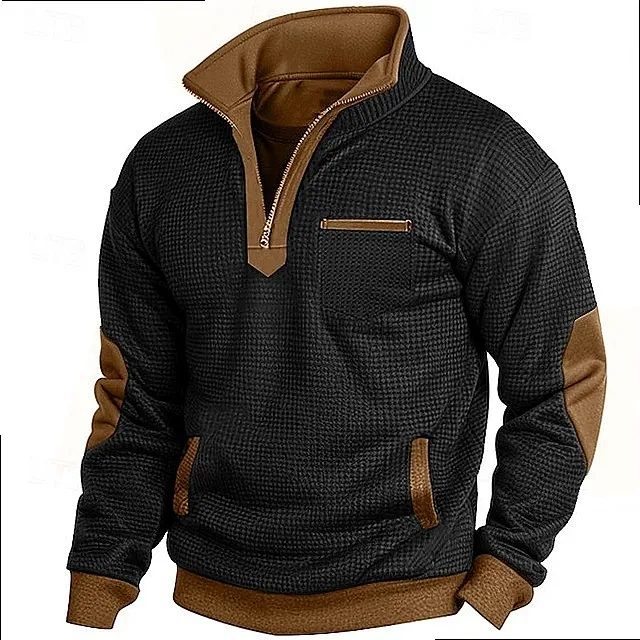 Men's Retro Waffle Knit Color Block Zip Up Hooded Sweatshirt Long Sleeve Pullover Fall Winter Vintage Casual Top