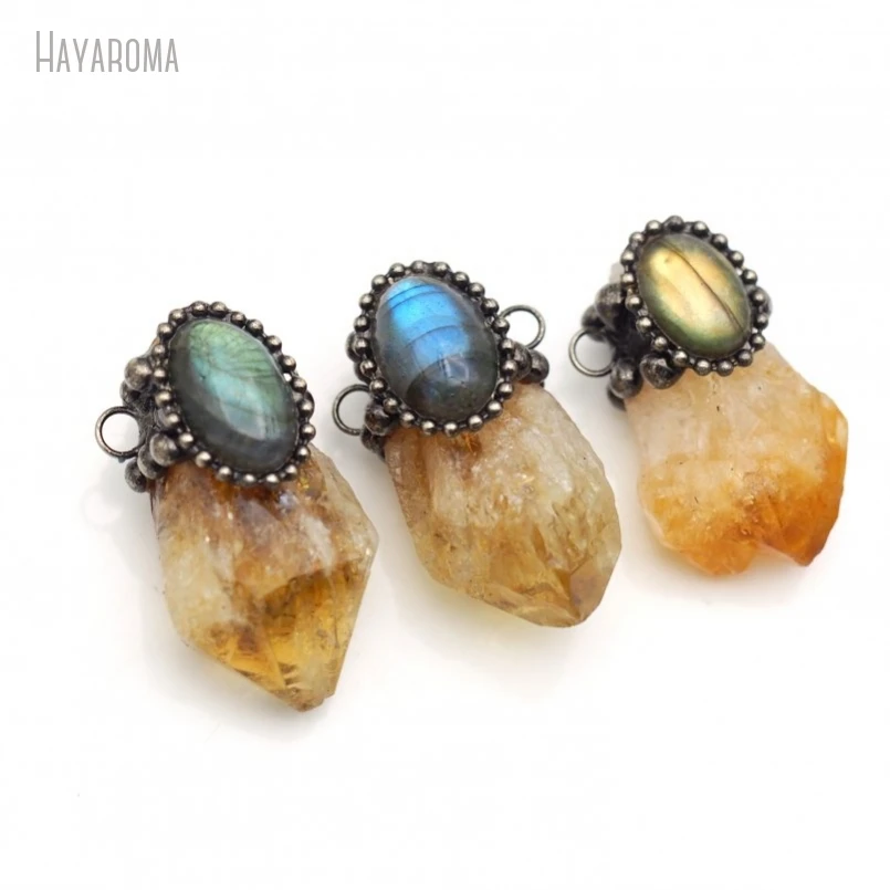 10Pcs Wholesale Antique Silver Color Labradorite Citrines Crystal Vintage Handmade Jewelry Soldered Free Form Pendant PM49783