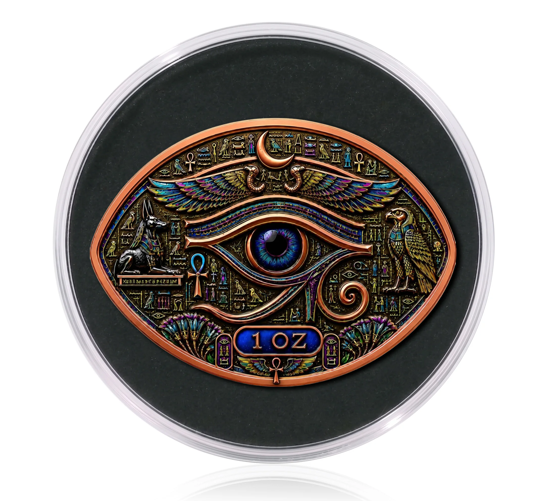1OZ .999Copper Oval Coin Eye of Horus Ancient Egypt UV Color Printed Challenge Coin Anubis Ankh Symbol Collectible Souvenir Gift