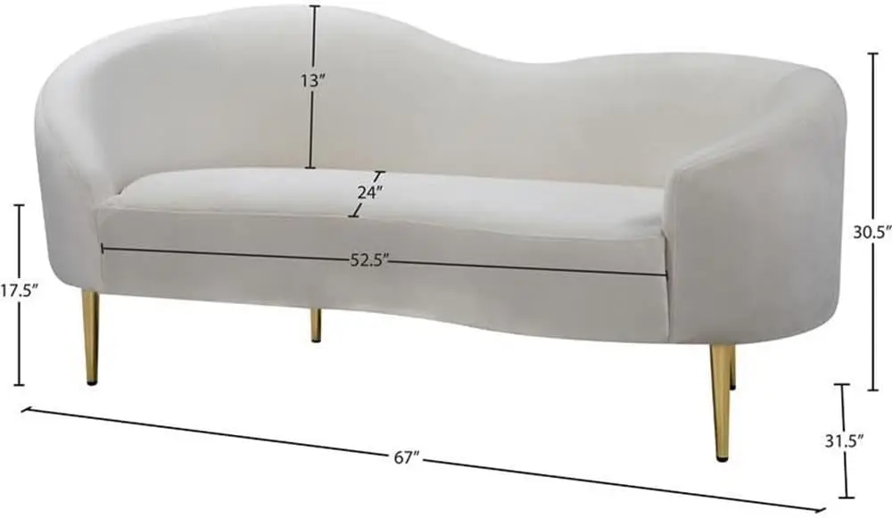 Velvet Upholstered Loveseat with Sturdy Metal Legs in Rich Gold Finish, Cream, 67" W x 31.75" D x 30.5" H image 3