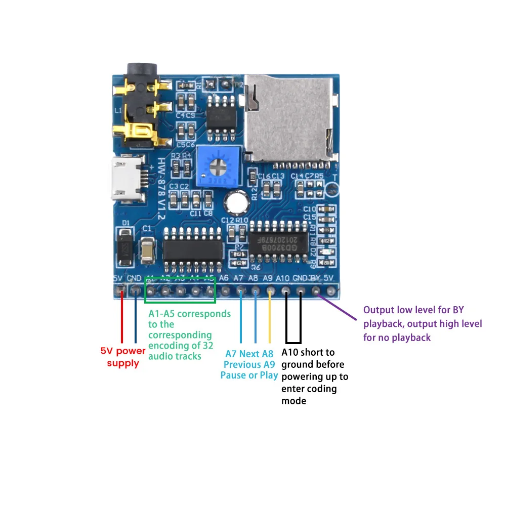 Modul pemutaran suara 5V, pemutar MP3, putaran pemicu modul suara pemicu IO yang cepat, volume pemutaran yang dapat disesuaikan, pin Las