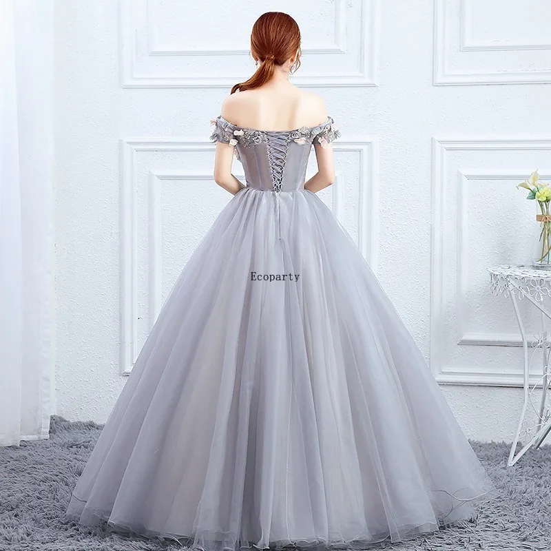 Gris violet personnalisé pas cher épaules dénudées femmes robe De bal formelle longue Organza Tutu robe De mariée pour mariée robes De remise des diplômes