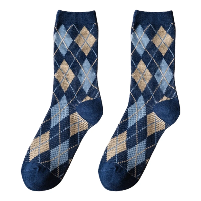 Women Autumn Ethnic Argyle Diamond Plaid Print Crew Socks Vintage College Preppy Style Student Cotton Mid-Calf Tube Hosiery image 3