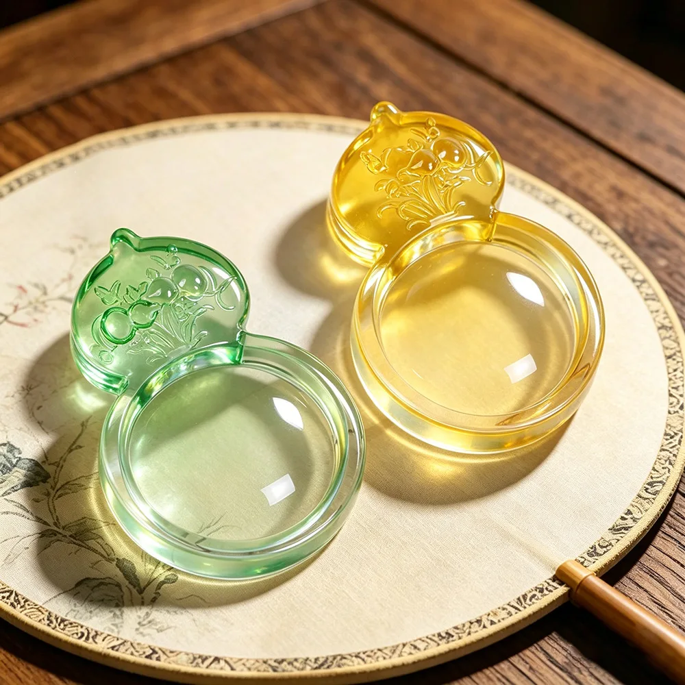 New Chinese Style Clear Crystal Glass Gourd Colored Glaze Ink Stone, Calligraphy Stationery Desktop Decor Gift for Souvenir